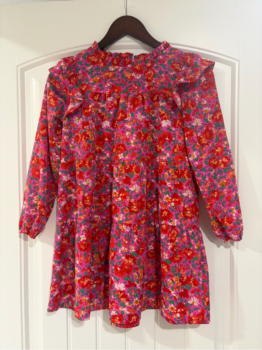Girls Pink Floral Tiered Ruffle-Neck Long Sleeve Dress